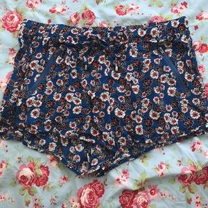 Floral Blue Soft Shorts with Bow and Zipper Detail